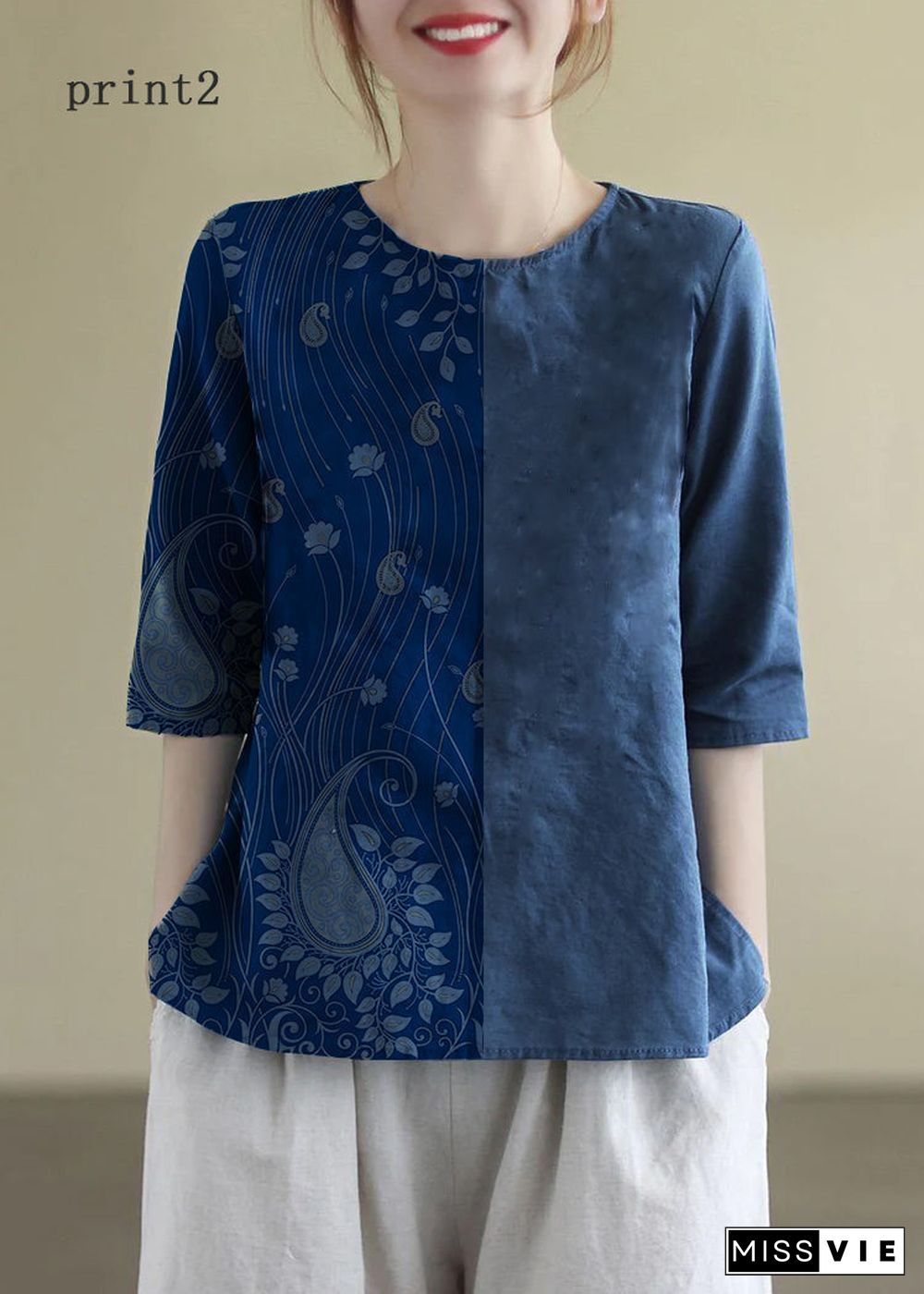 French Print3 O-Neck Embroideried Cotton Blouses Half Sleeve