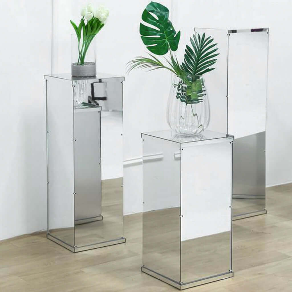 Silver Mirror Finish Acrylic Pedestal Riser, Display Box with Interchangeable Lid and Base 32