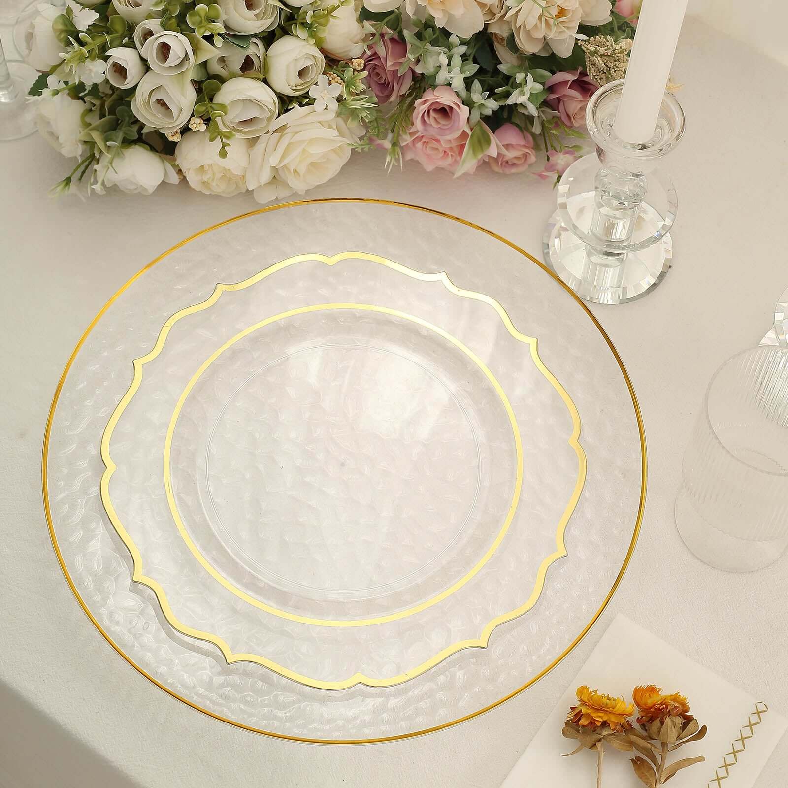 6 Pack Clear Hammered Economy Plastic Charger Plates With Gold Rim, Round Dinner Chargers Event Tabletop Decor - 13