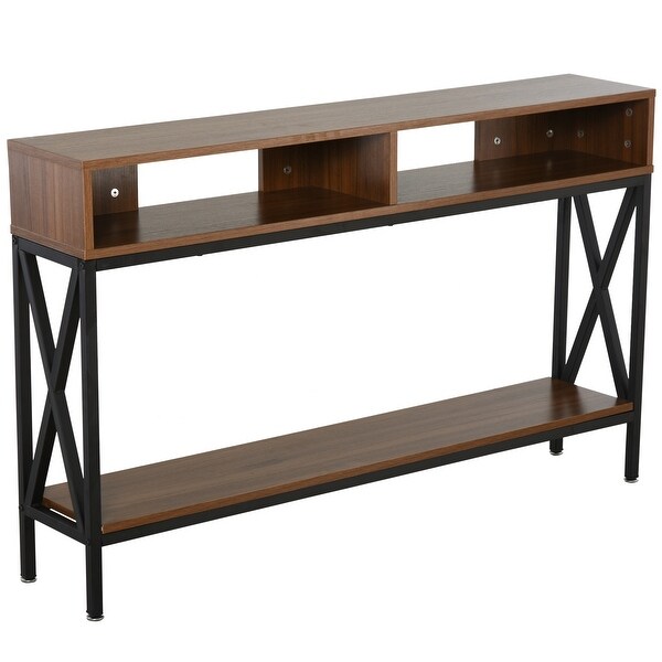 HOMCOM Industrial Style Entryway Console Table Desk with Shelf for Living Room， or Bedroom， Walnut Wood Grain