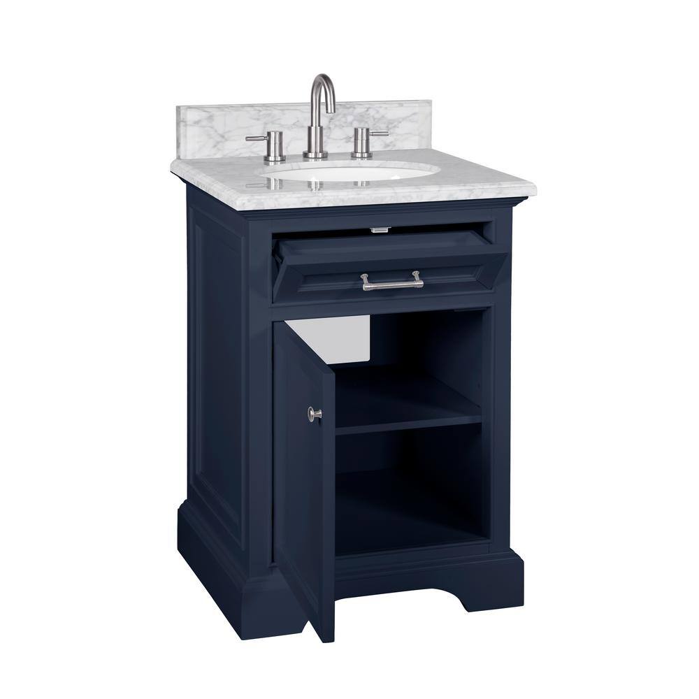 Home Decorators Collection Windlowe 24 in. W x 22 in. D x 35 in. H Bath Vanity in Navy Blue with Carrara Marble Vanity Top in White with White Sink 15101-VS24C-NB