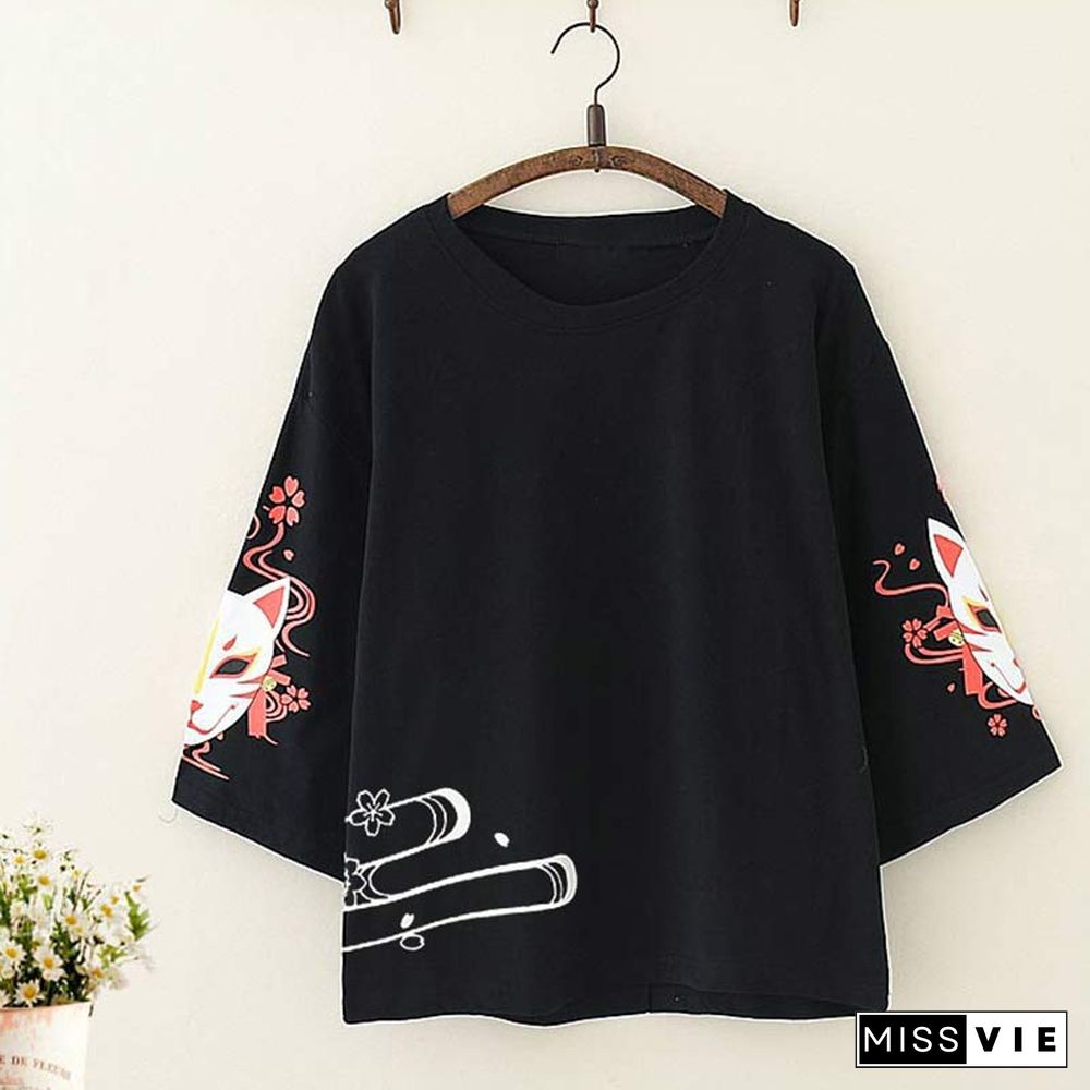 Cute Fox Print Loose T-Shirt