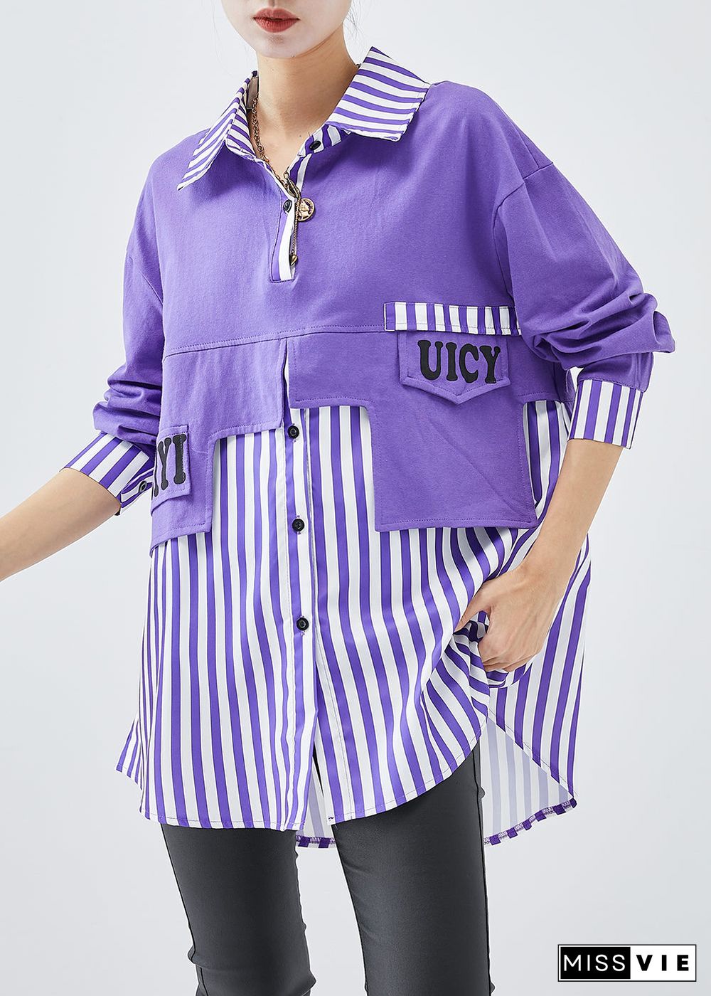 French Purple Oversized Patchwork Striped Cotton Sweatshirt Fall