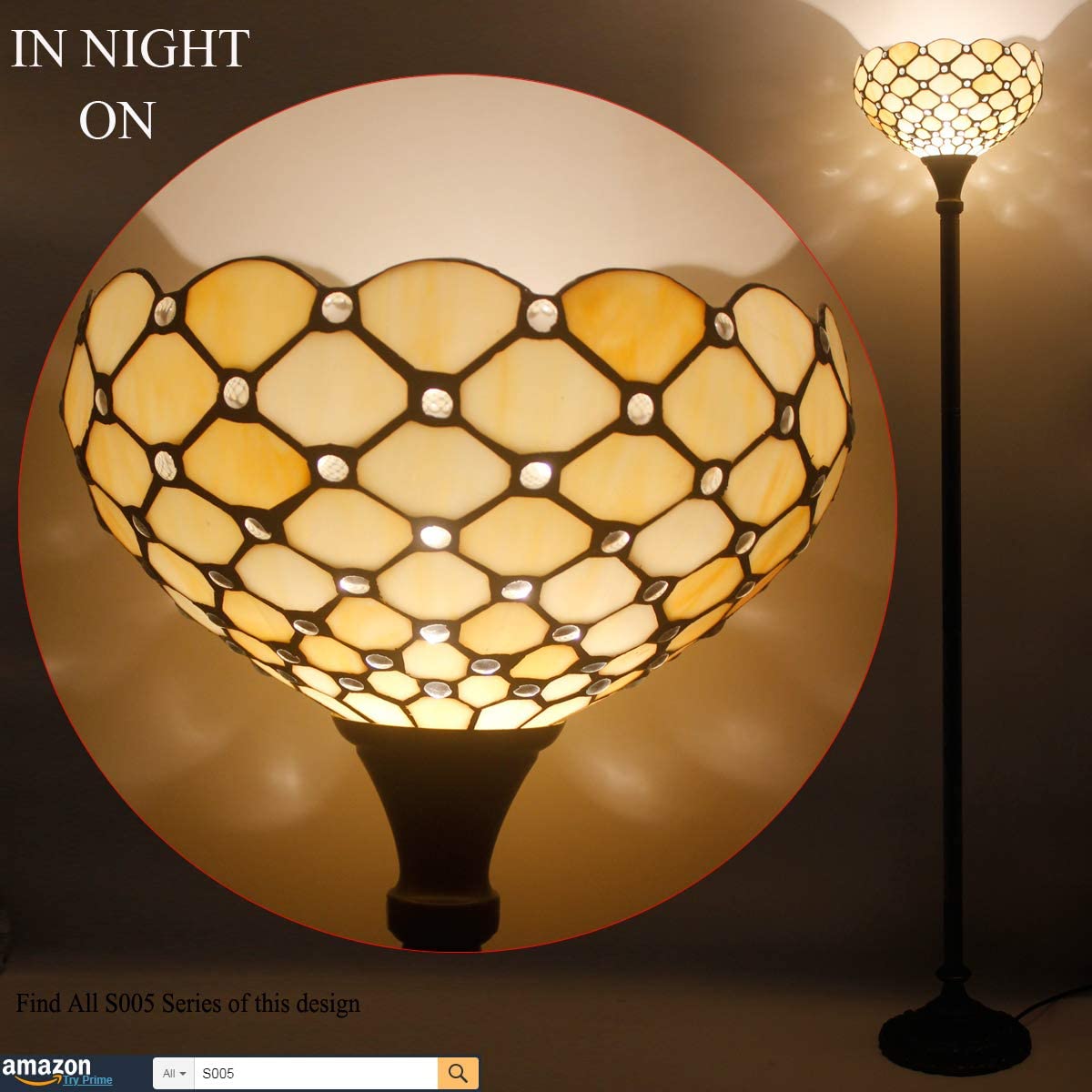 BBNBDMZ Tiffany Floor Lamp Cream Amber Stained Glass Bead Light 12X12X66 Inches Pole Torchiere Standing Corner Torch Uplight Decor Bedroom Living Room  Office (LED Bulb Included) S005 Ser