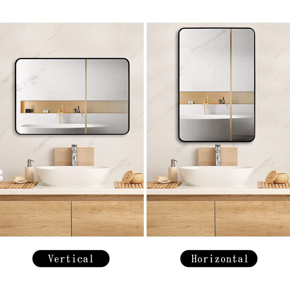 Inch Bathroom Wall Mirror for Vanity  Black Metal Frame Rectangular Mirror  Large Modern Round Corner Mirror