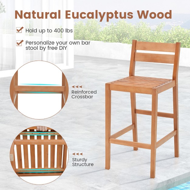 Tangkula Patio Eucalyptus Wood Bar Stools Set Of 2 Outdoor Bar Height Patio Chairs W Cushions