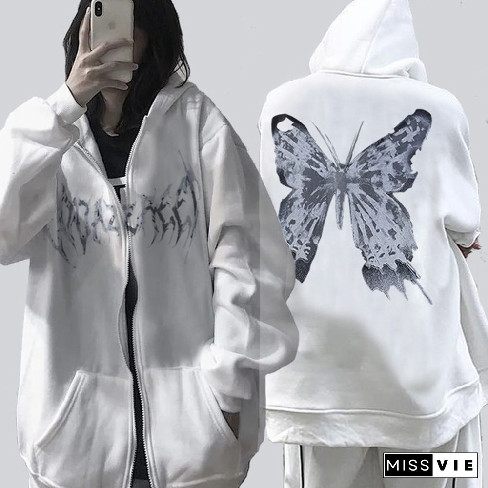 Darkness Butterfly Print Pocket Hooded Sweatshirt