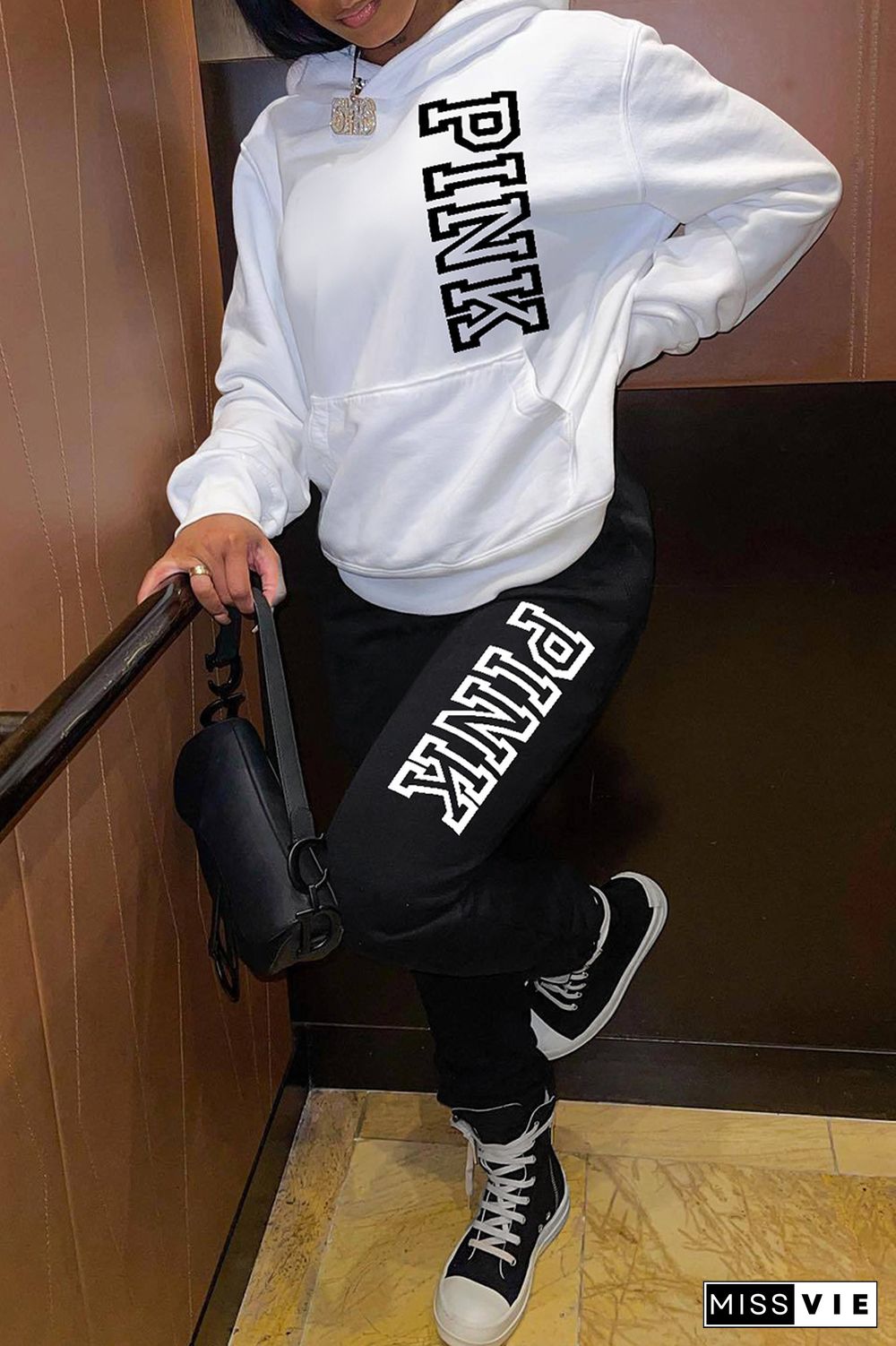 Letter Print Pocket Front Hoodie & Drawstring Joggers Set