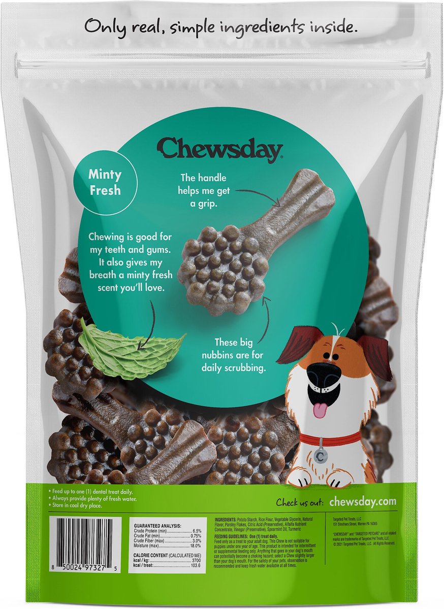 Chewsday Minty Fresh Daily Dental Dog Dental Treats， 28 count， Medium