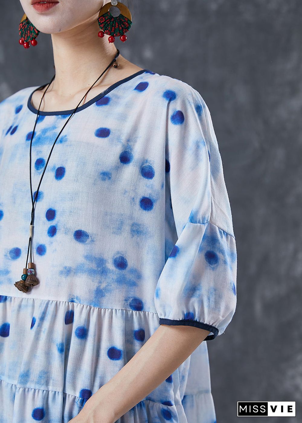 Elegant Blue Dot Oversized Patchwork Linen Maxi Dresses Summer