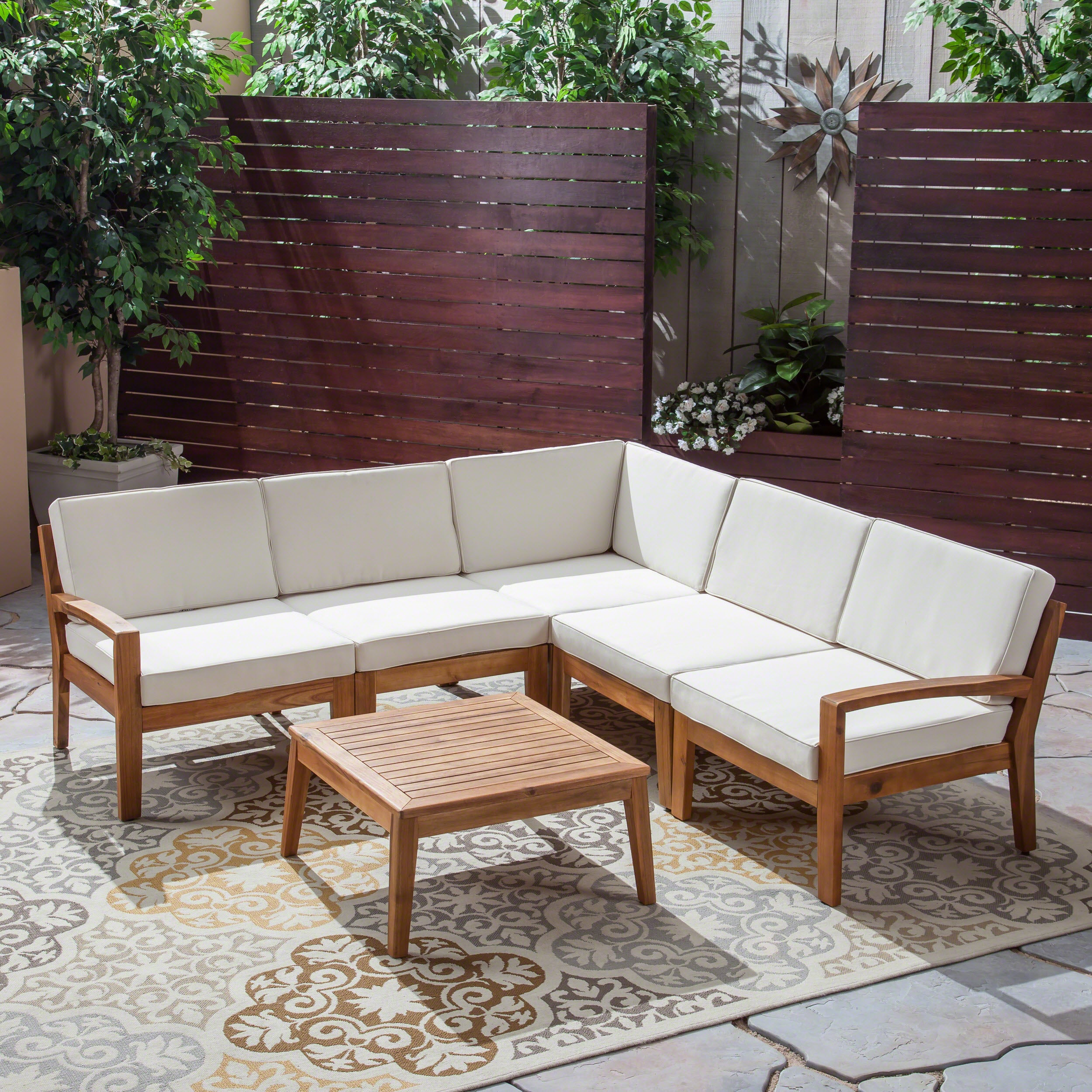 Roy Outdoor Acacia Wood 5 Seater Sectional Sofa Set with Coffee Table