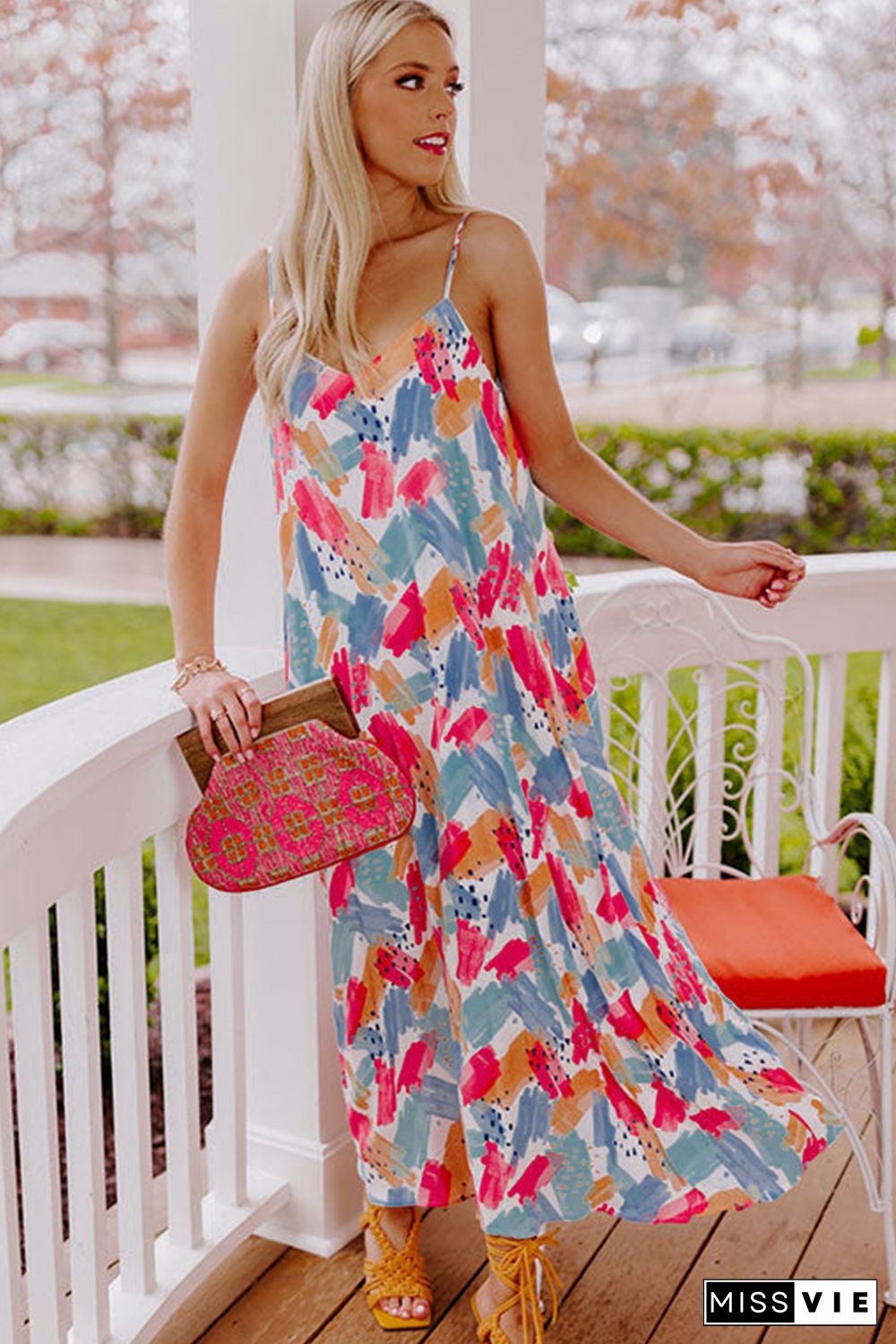 Multicolor Abstract Print Spaghetti Straps Maxi Dress