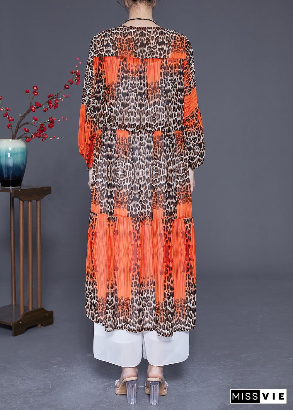 Orange Leopar Print Chiffon Maxi Dress Drawstring Exra Large Hem Summer