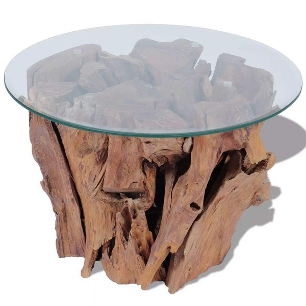 Solid Teak Driftwood Coffee Table with Strong Tempered Glass and Teak Base Living Room Side Tea Stand - as picture