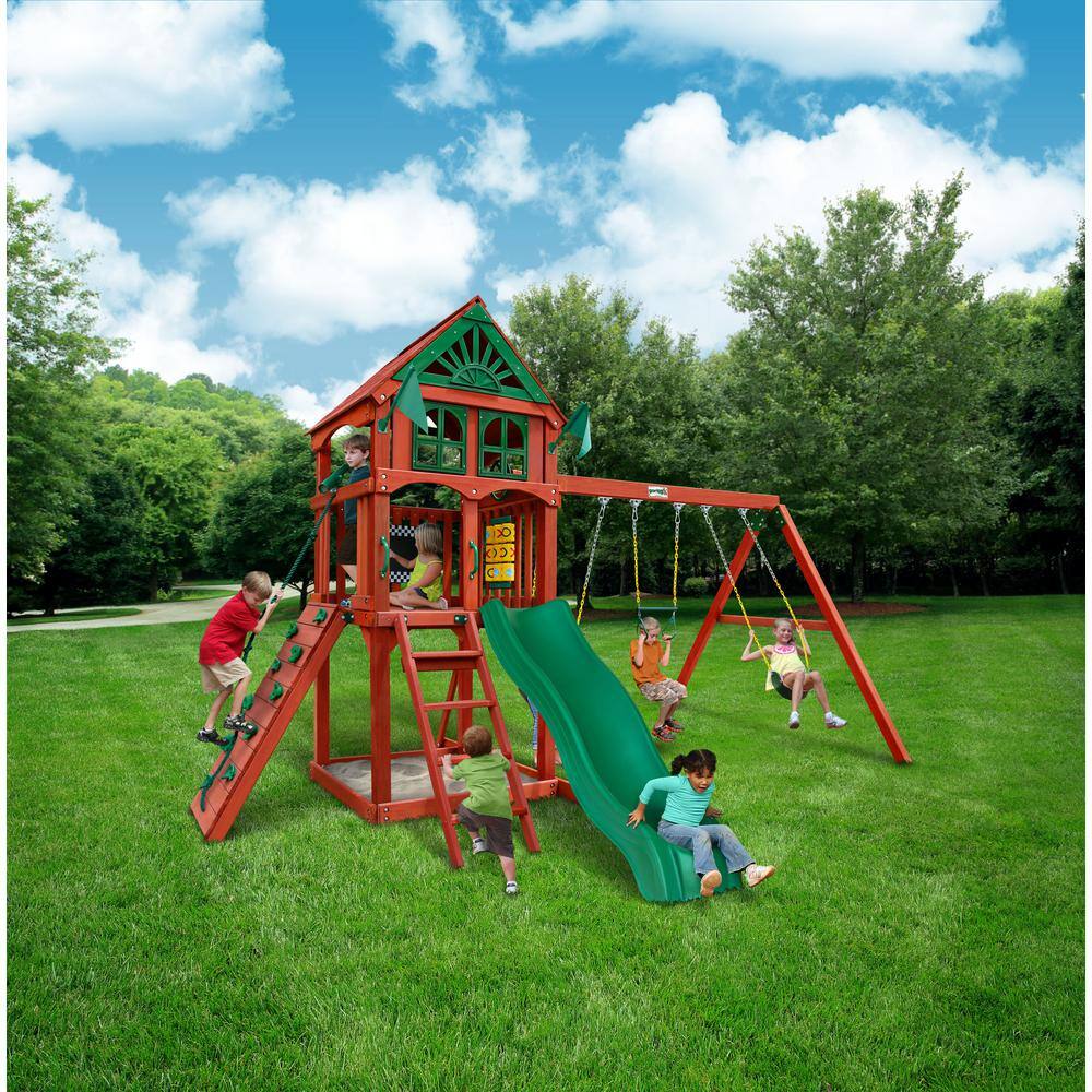 Gorilla Playsets Five Star II Wooden Outdoor Playset with Rock Wall Wave Slide Sandbox Swings and Backyard Swing Set Accessories 01-0082-RP