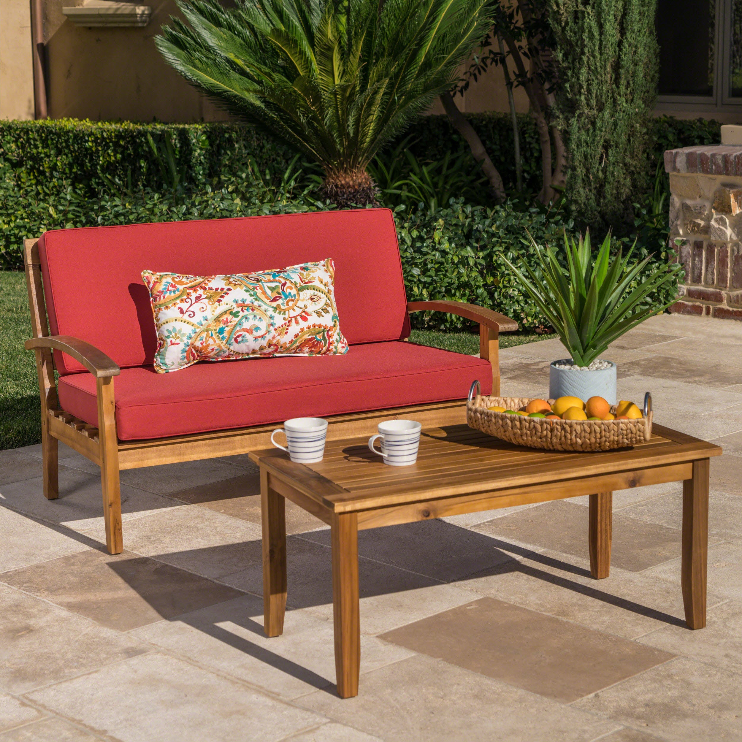 Keanu Outdoor Acacia Wood Loveseat and Coffee Table Set with Cushions