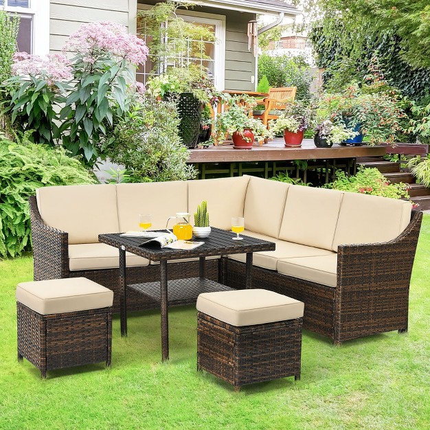 Costway 6pcs Patio Rattan Dining Sofa Furniture Set Ottoman Table Lower Shelf