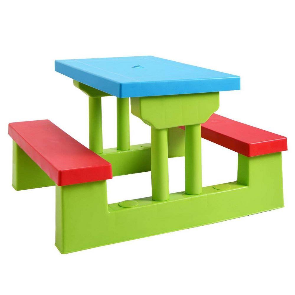 Kids Rectangualr Plastic Outdoor Picnic Table with Bench and Umbrella HY-OP70475