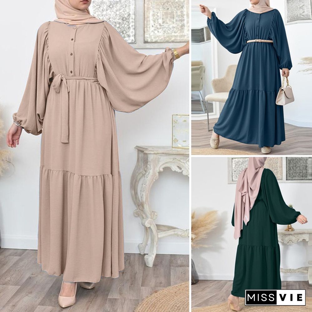 Women Casual Solid Belt Kaftan Muslim Button Down Party Puff Sleeve Spring Long Maxi Shirt Dress