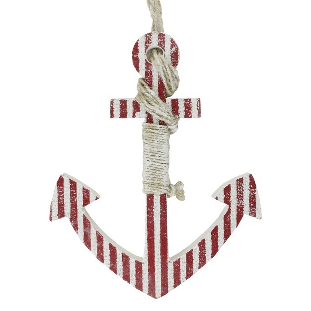 Red And White Striped Nautical Hanging Anchor With Rope Wall Art