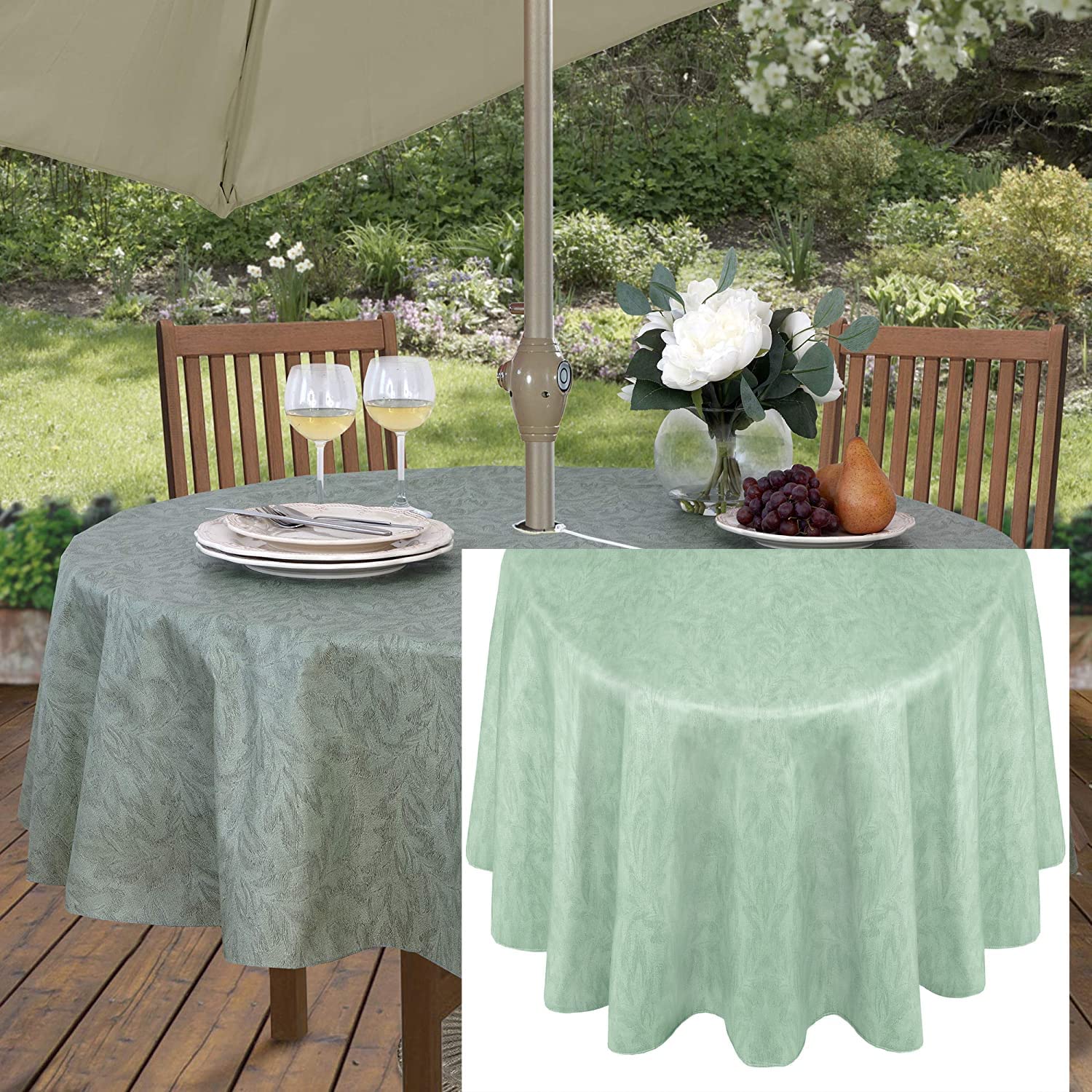 Newbridge Sage Napa Leaf Solid Color Vinyl Flannel Backed Tablecloth, Hotel Quality Indoor/Outdoor Patio, Kitchen, BBQ, Dining Room Vinyl Tablecloth, 70” Zipper Umbrella Round