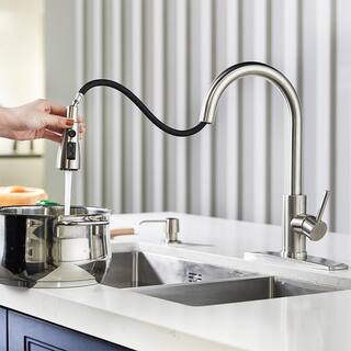 FORIOUS Single-Handle Kitchen Faucet with Pull Down Sprayer High-Arc Kitchen Sink Faucet with Deck Plate in Brushed Nickel HH0023C