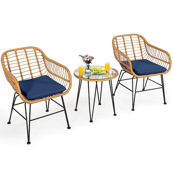 Costway 3PCS Patio Rattan Bistro Furniture Set Cushioned Chair Table