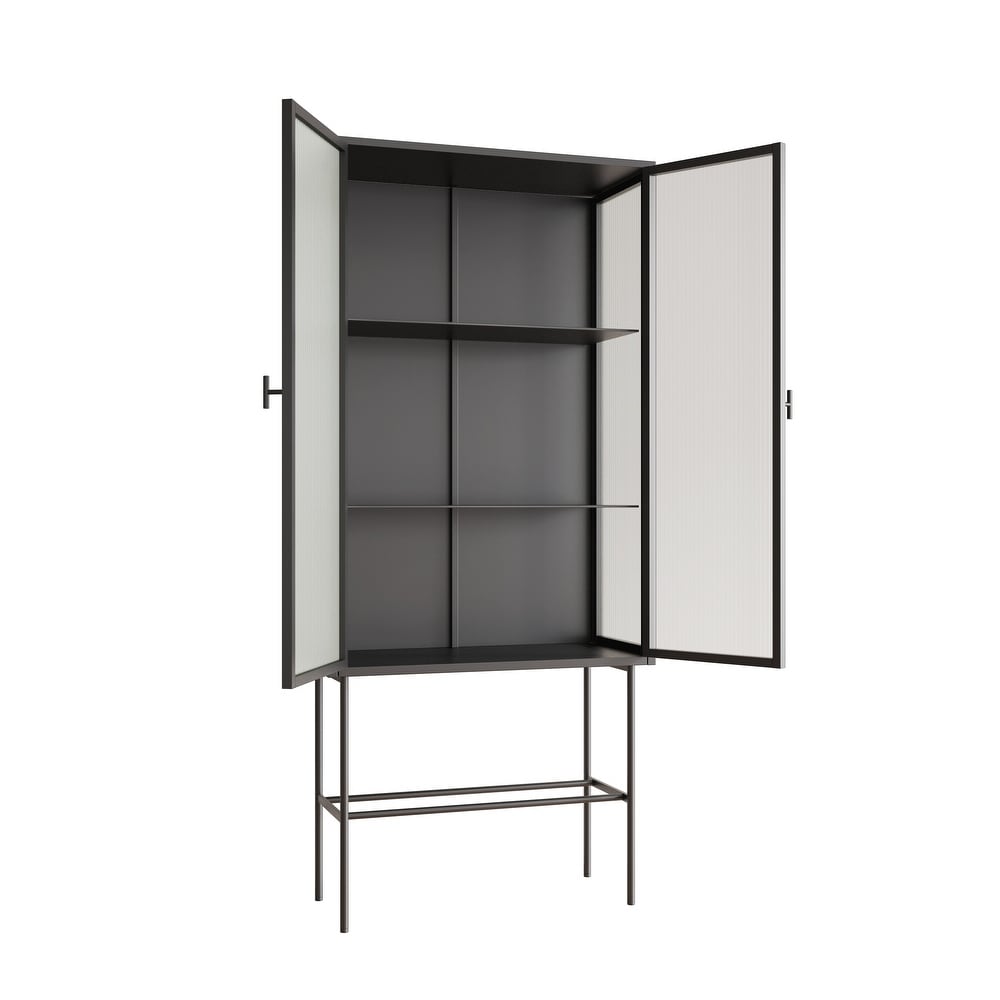 Retro Style Glass High Cabinet with Three Wide Enclosed Shelves