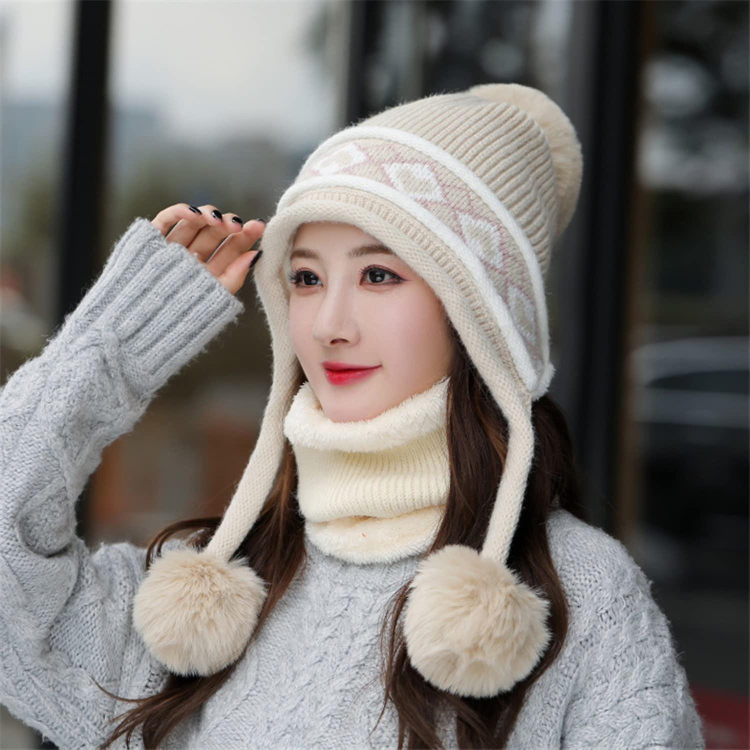 Women Winter Beanie Hat Peruvian Circle Scarf Set Ski Ear Flaps Caps Dual Layered Fleece Lined Pompoms E1450215-mise -