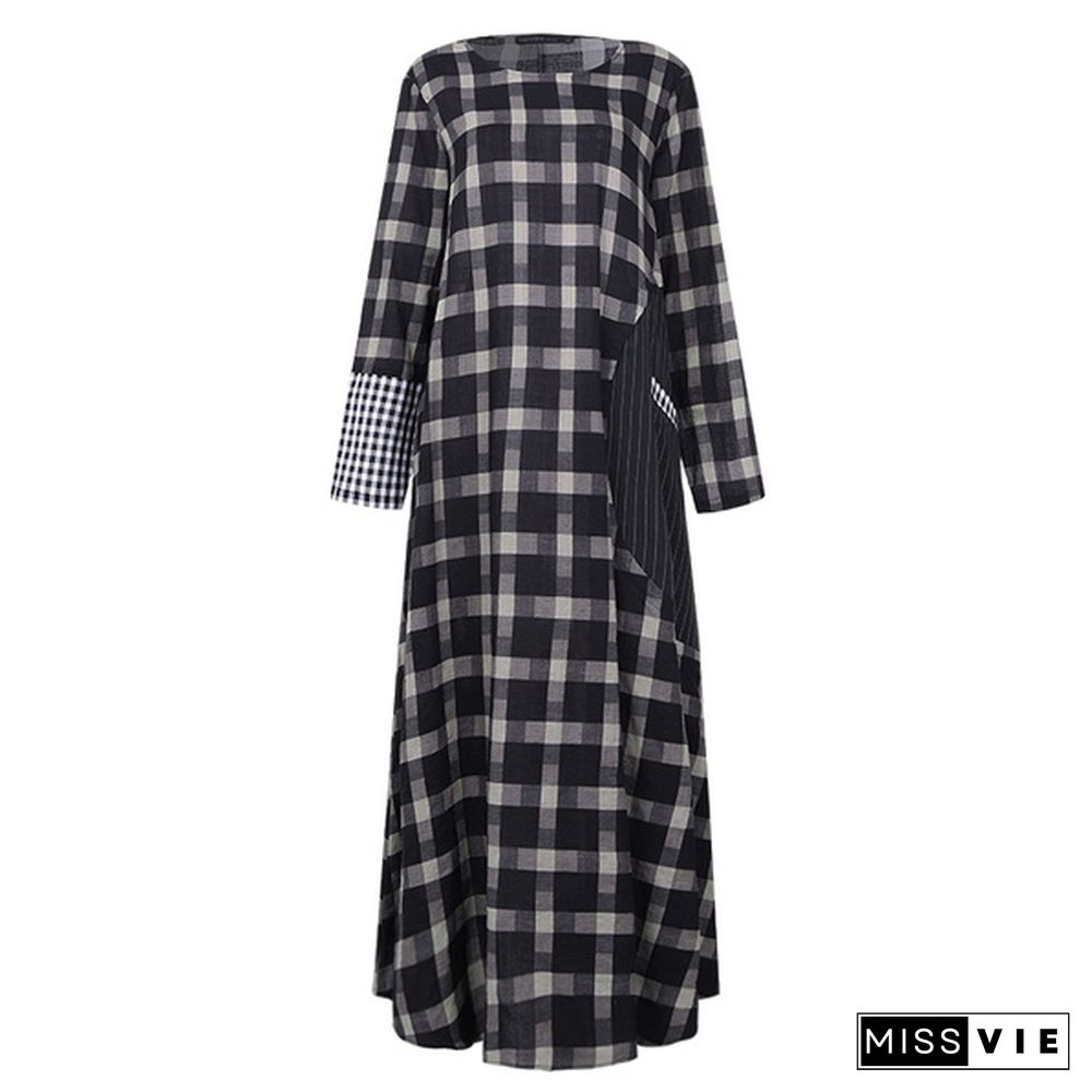 Zanzea Women Casual Loose Baggy Kaftan Maxi Dress Long Sleeve O Neck Check Plaid Dresses