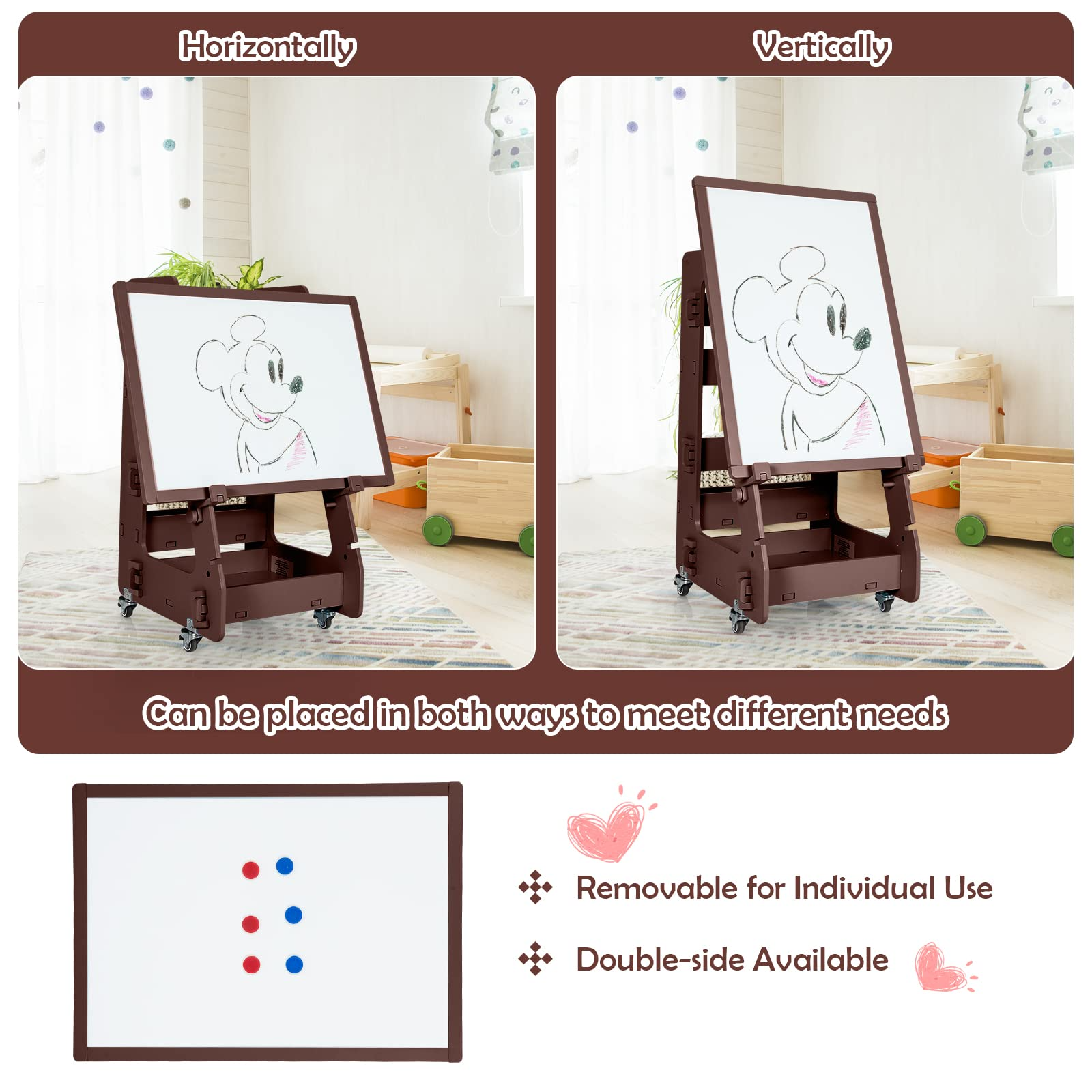 Costzon Kids Art Easel with Lockable Wheels, Height Adjustable Magnetic Removable Painting Board with Storage