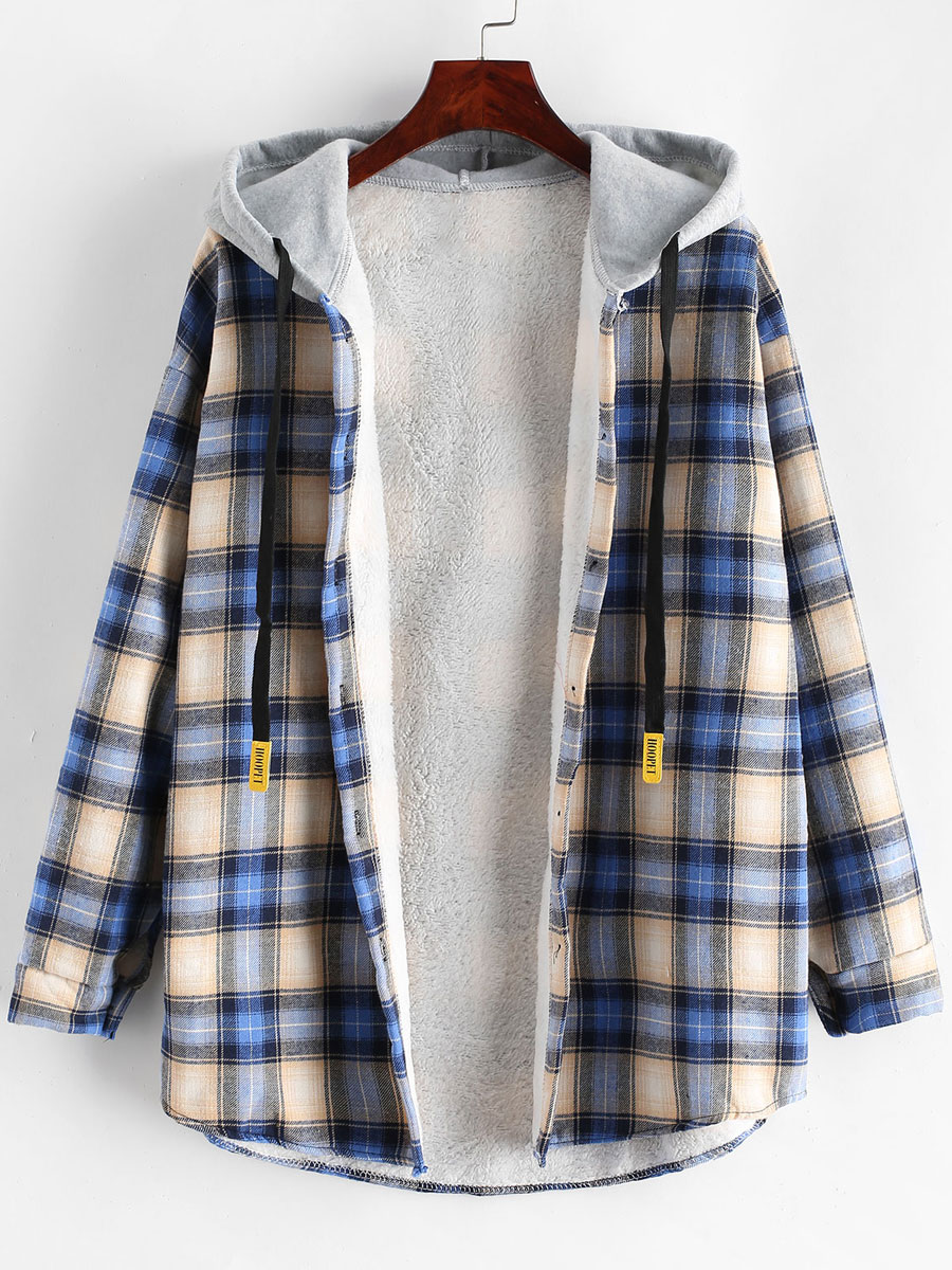 Casual Loose Check Panel Lambsool Hooded Blouse