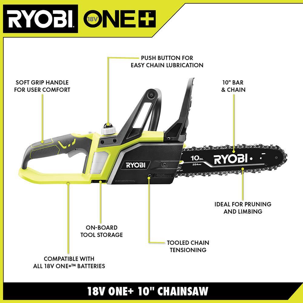 RYOBI ONE 18V 10 in Battery Chainsaw with Extra Chain Biodegradable Bar and Chain Oil 15 Ah Battery and Charger