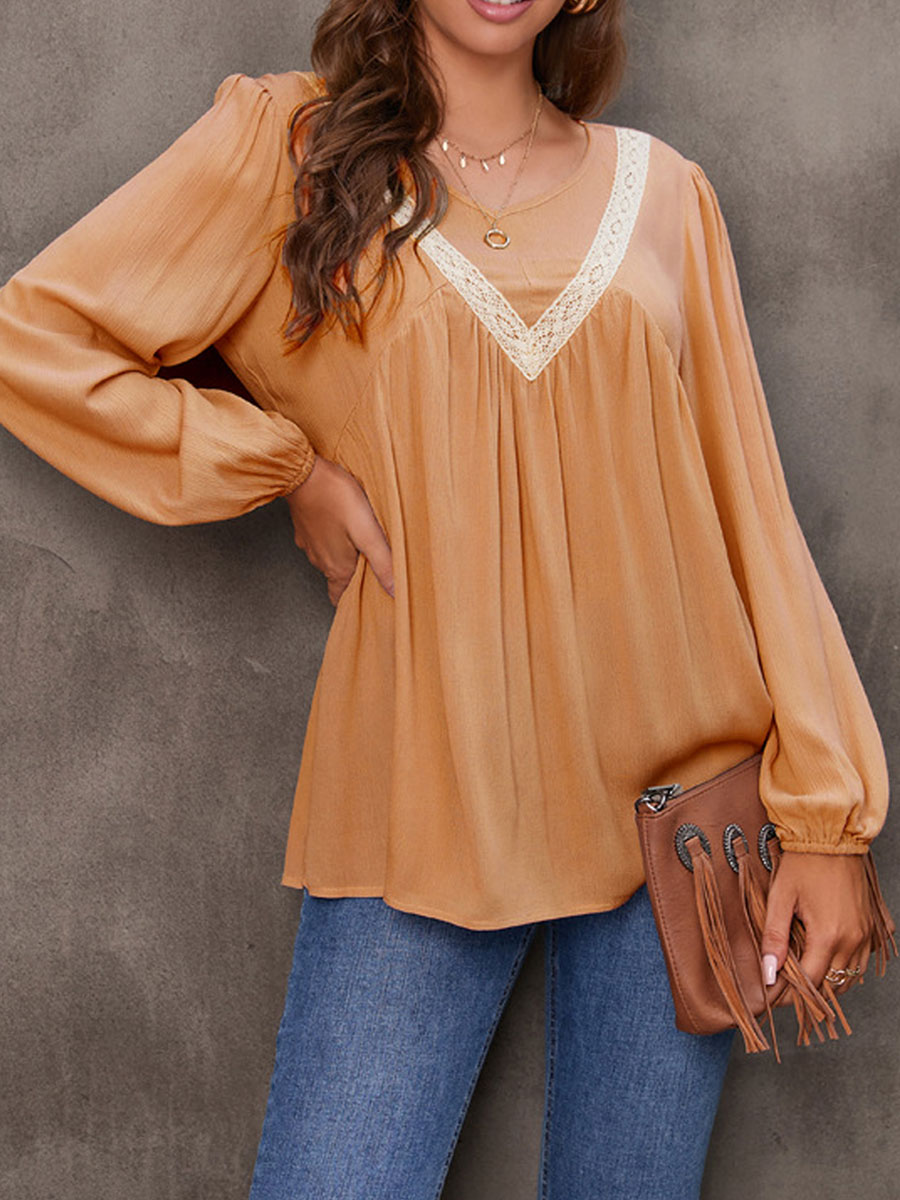 V-neck Casual Loose Lace Panel Long Sleeve Blouse