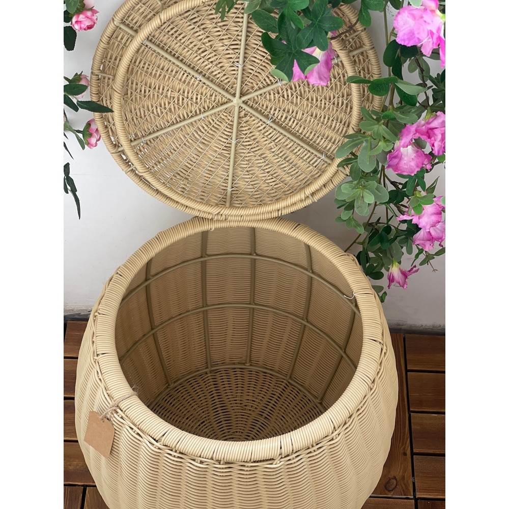 Outdoor Indoor Wicker Storage Ottoman With Lid Boho Side Table