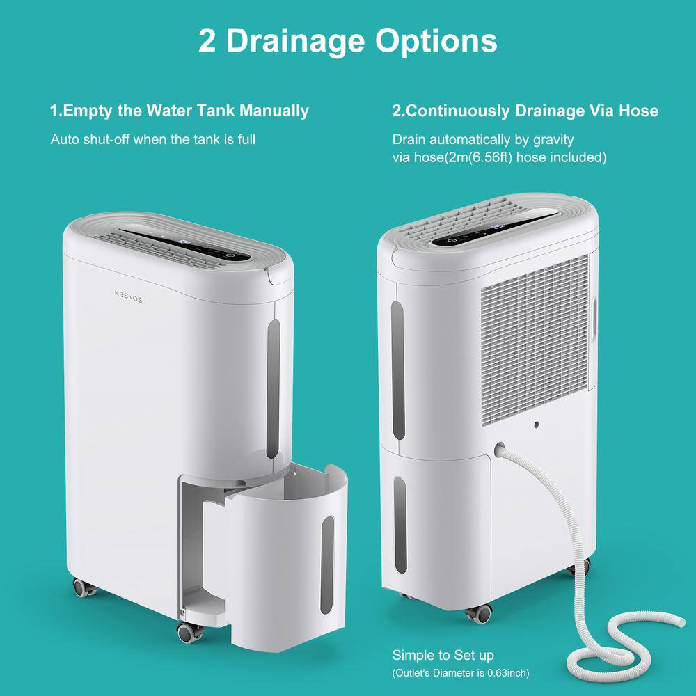 KESNOS 60-Pint . Portable Home Dehumidifier For up to 4500 sq. ft. With Drain and Water Tank Timer With Wheels White HDCX-PD220B-1