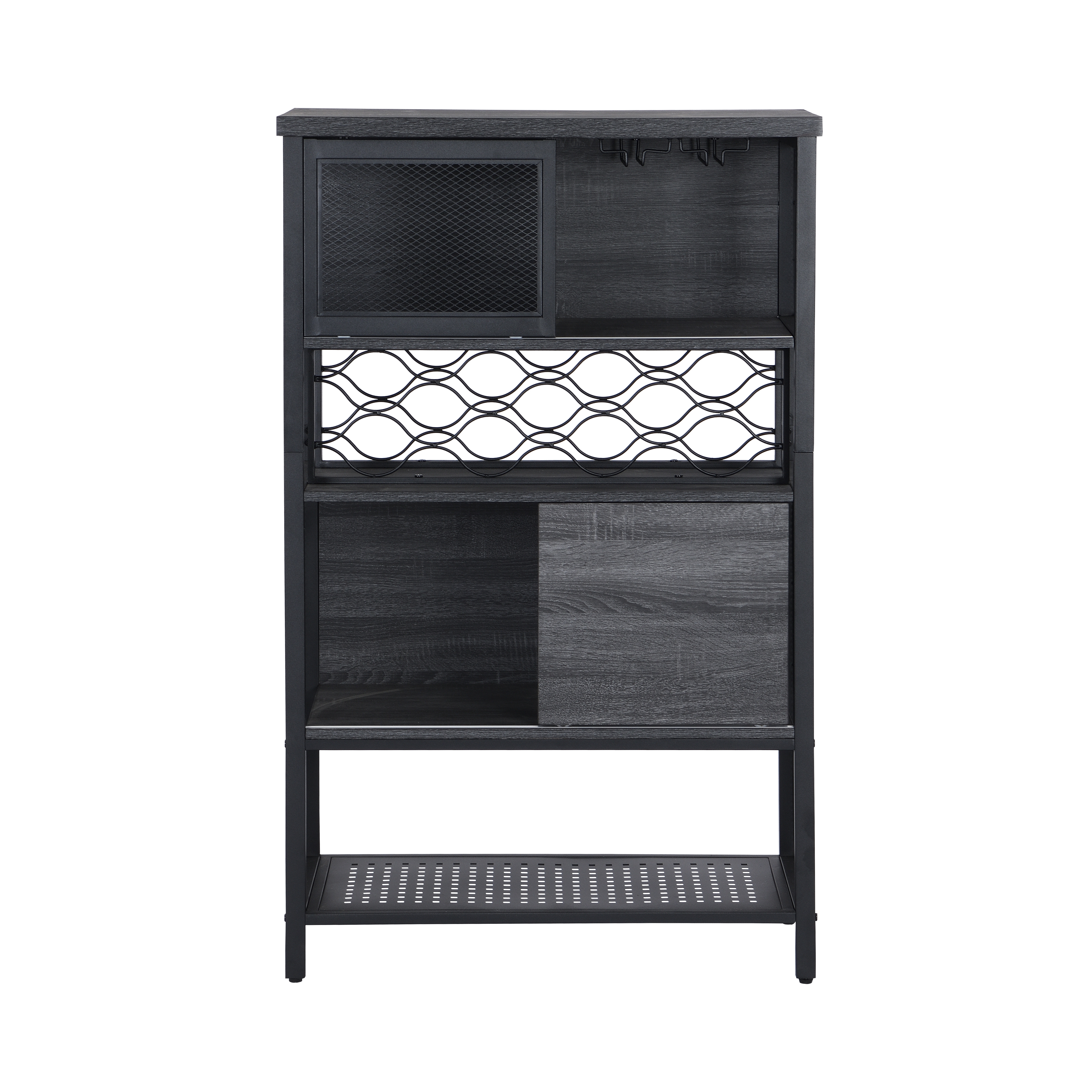 Bar Cabinet with Wine Storage， Free Standing Wine Rack w/ 5-Tier Shelves， Kitchen Storage Cabinet with Sliding Door， 6 Glass Holder， 11 Bottle Racks， Mesh Shelf， Gray