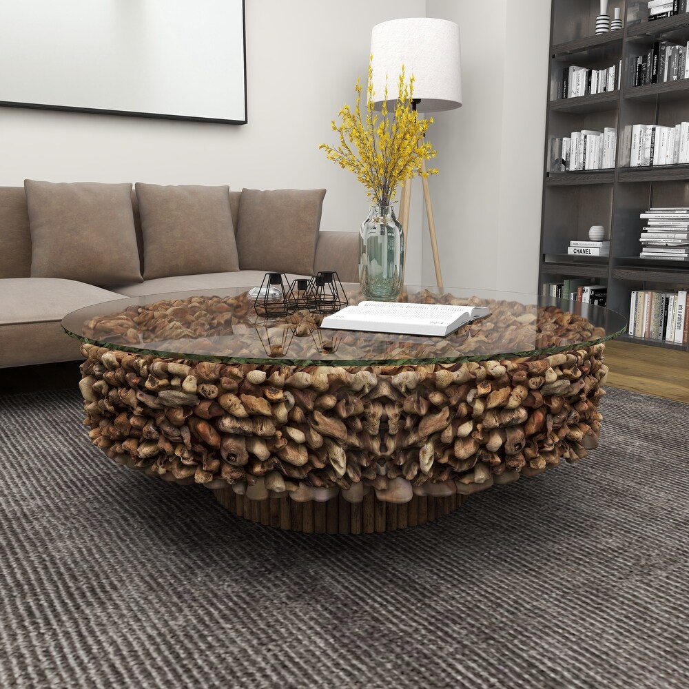 Brown Driftwood Handmade Collage and Pedestal Base Coffee Table with Tempered Glass Top   48\