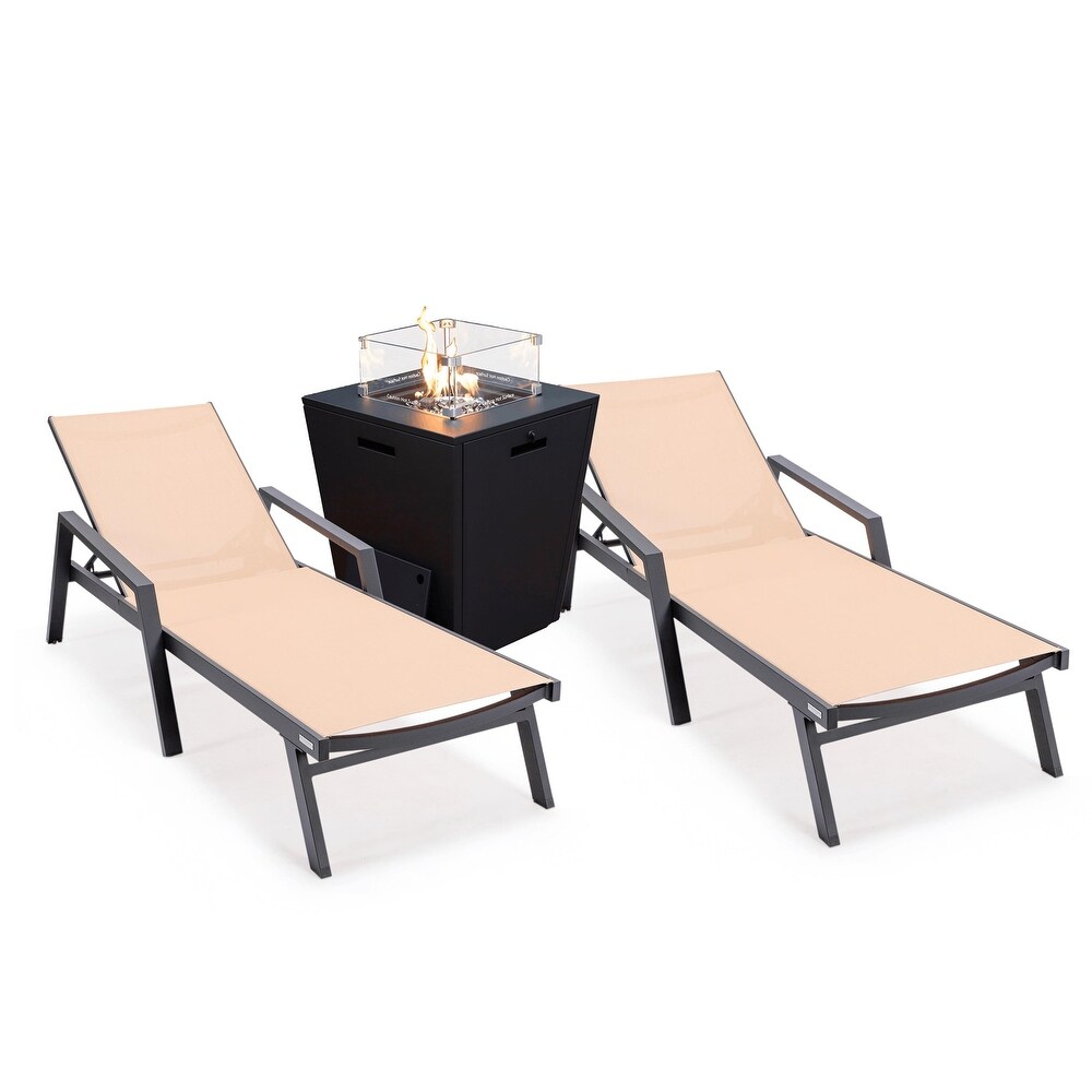 LeisureMod Marlin Chaise Lounge Chair With Arms Set of 2 with Fire Pit Table