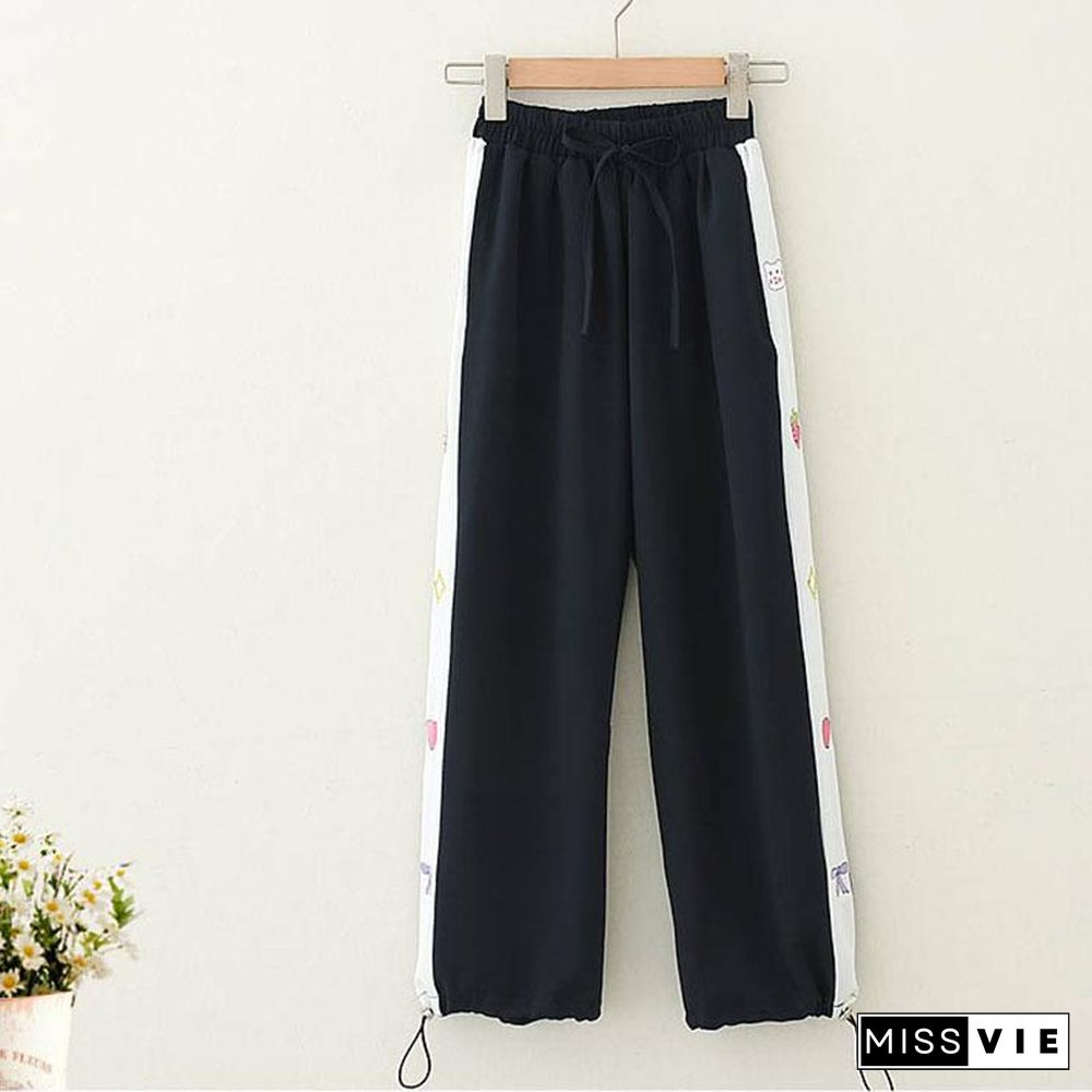 Bear Embroidery Chiffon High Waist Pants