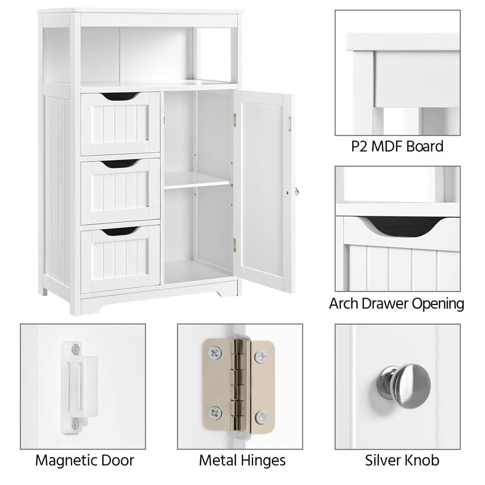 Topeakmart Wooden Bathroom Floor Cabinet Storage Organizer with Drawers, White