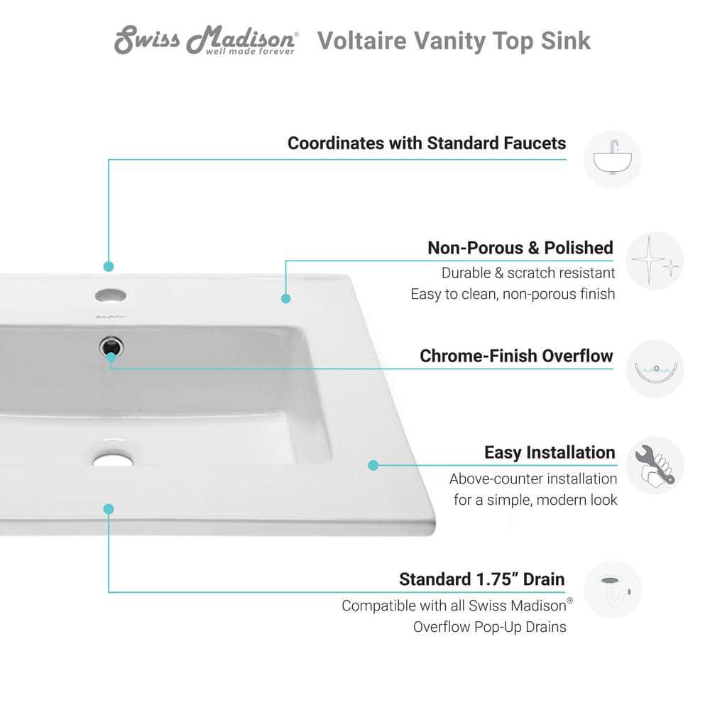 Swiss Madison Voltaire 25 in Vanity Top in Glossy White with 1Basin