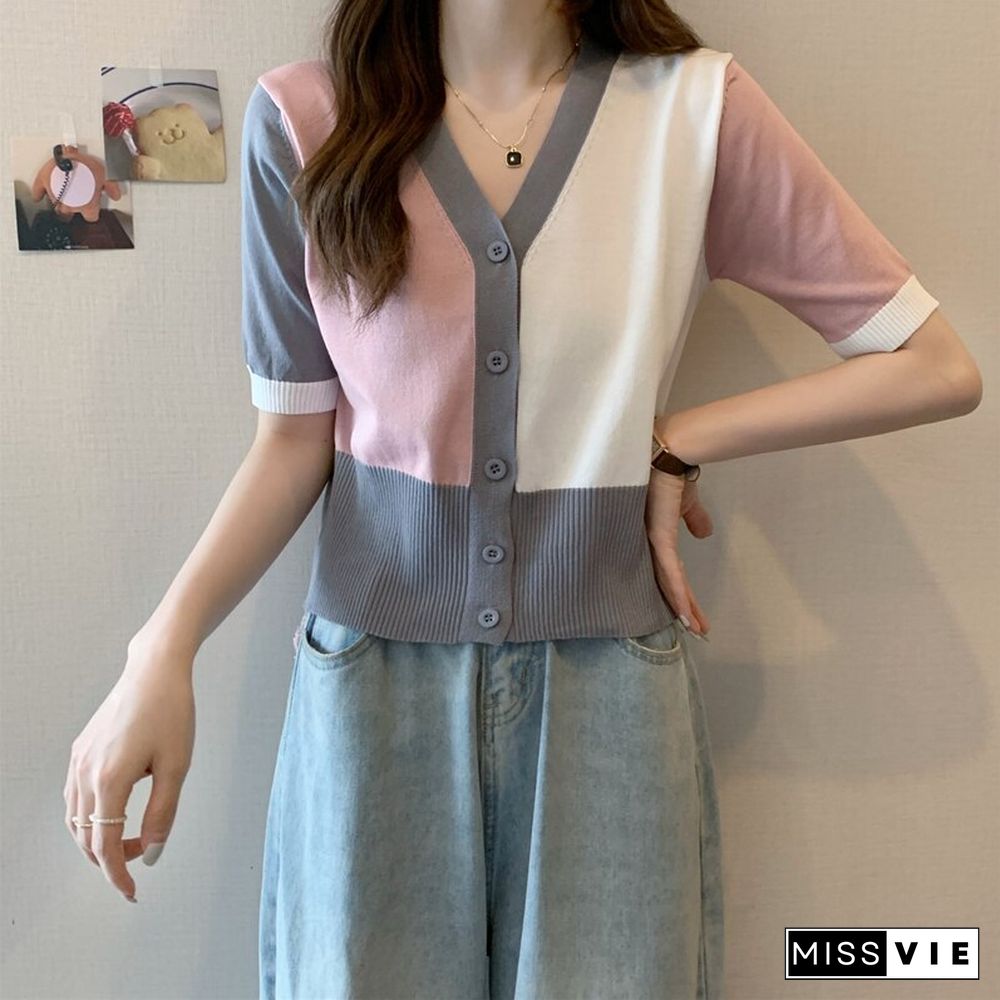 Patchwork Color Knitted Cardigan Tops Women Korean Fahsion Short Sleeve Cropped Cardigan Female Summer Casual V Neck Tops