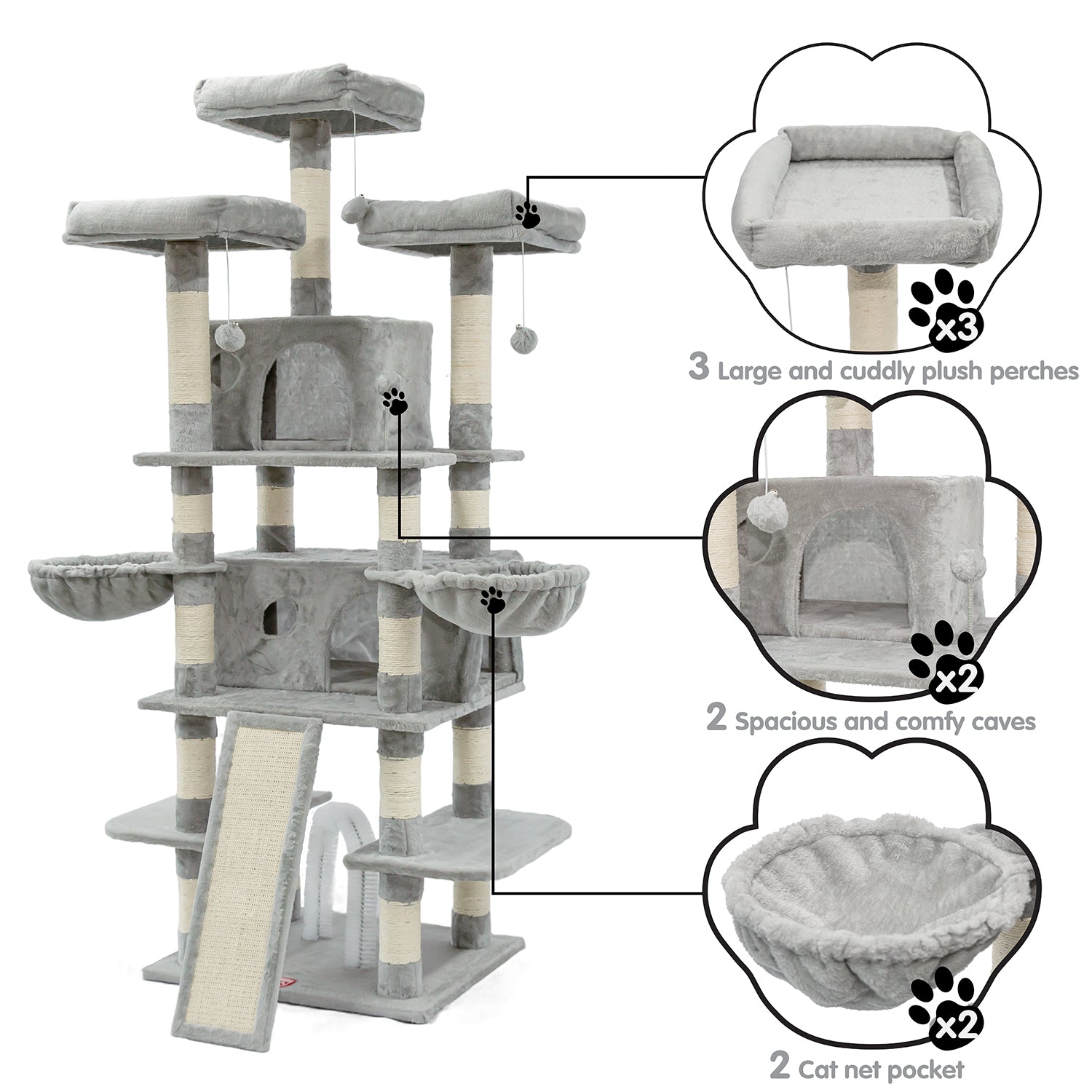 68 Inches Multi-Level Cat Tree Large,Big Cat Tower with Sisal Scratching Posts,Grooming Arch,Cozy Plush Cat Perches and Hammocks,Cat Activity Center Cat Condo Play House(Gray)