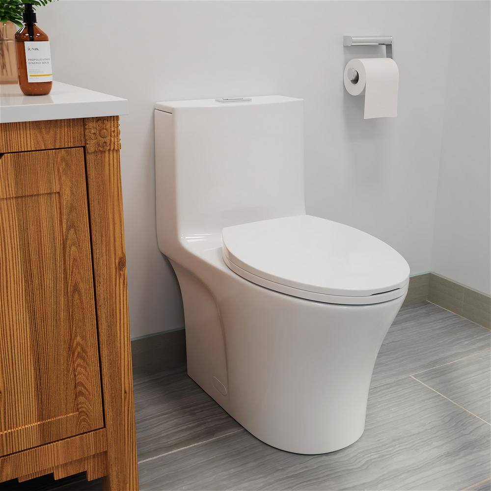 BTCSTAR Rough in 12 in. 1-piece 1.6 GPF Dual Flush Elongated High Efficiency Toilet in Glossy White Slow Closed Seat Included BTCMTL0912WH