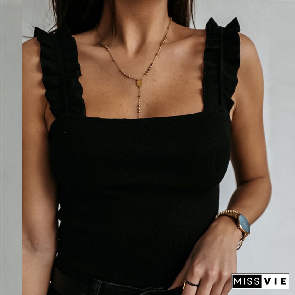 Women Solid Slim Tank Tops Ladies Ruffles Strap Tunic Tops Fashion Vest Summer Camisole Women Casual Sleeveless Female Blusas