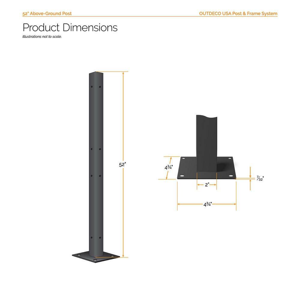 OUTDECO 52 in. x 2 in. x 2 in. Black Galvanized Steel Fence Post and Welded Base Plate (Privacy Panels and Slat Fence Installs) ODP55