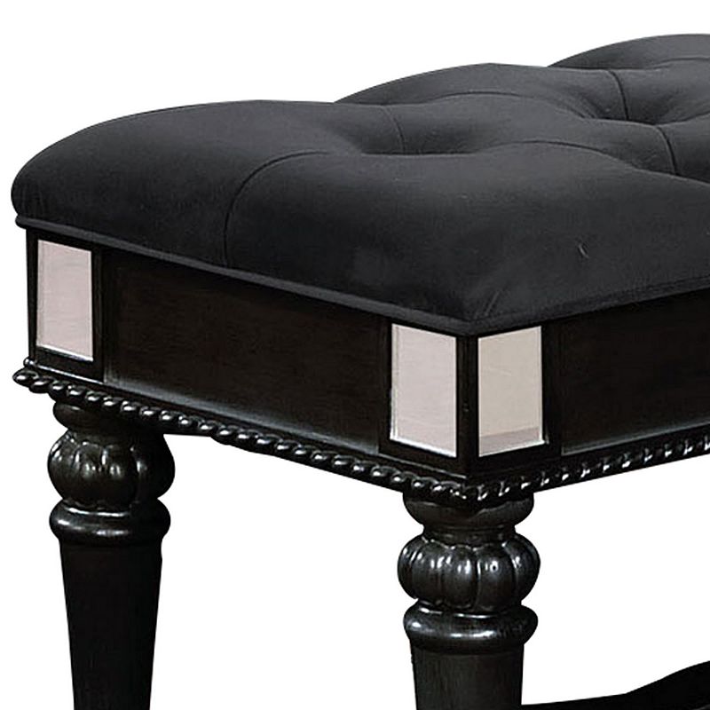 Fabric Padded Bench with Deep Button Tufting and Turned Legs， Black