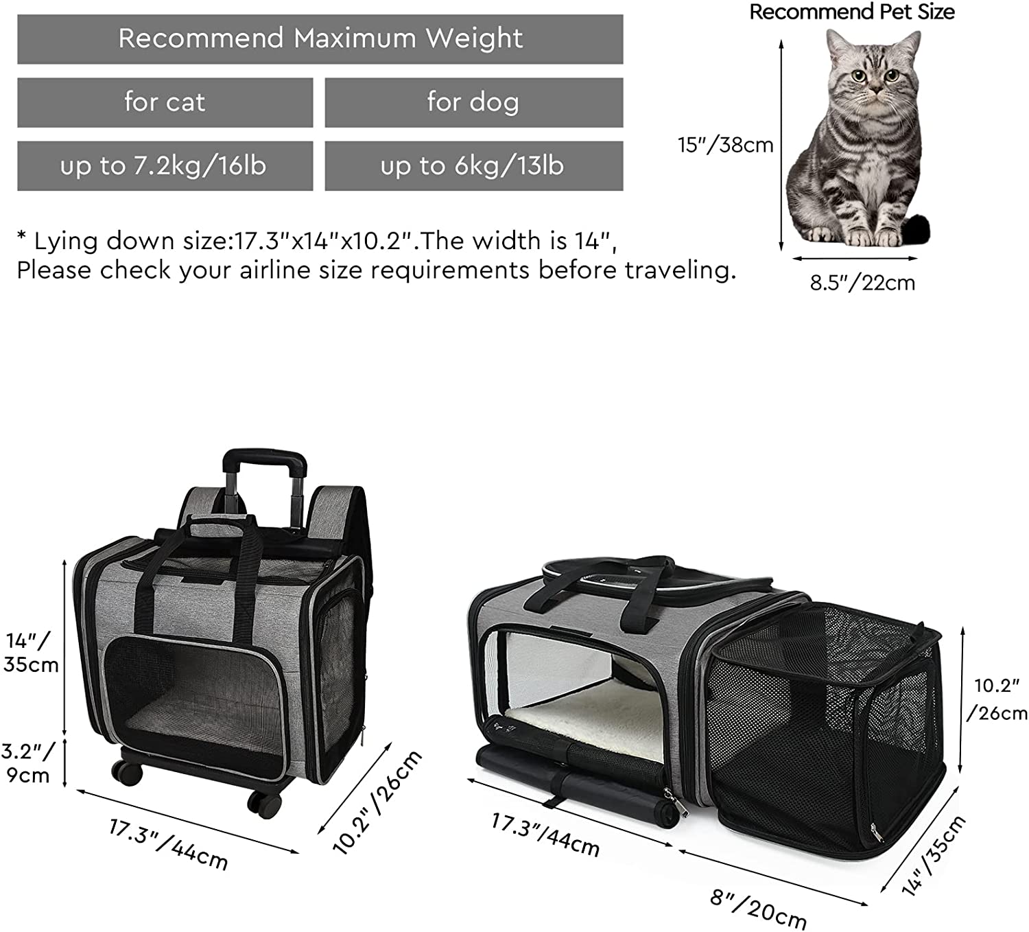 Airline Approved Expandable Pet Carrier Backpack with Wheels(Large Space)， Rolling Backpack with Durable Handle and Flexible Wheels，Breathable Durable Mesh Panels(Most Airplane Approved)