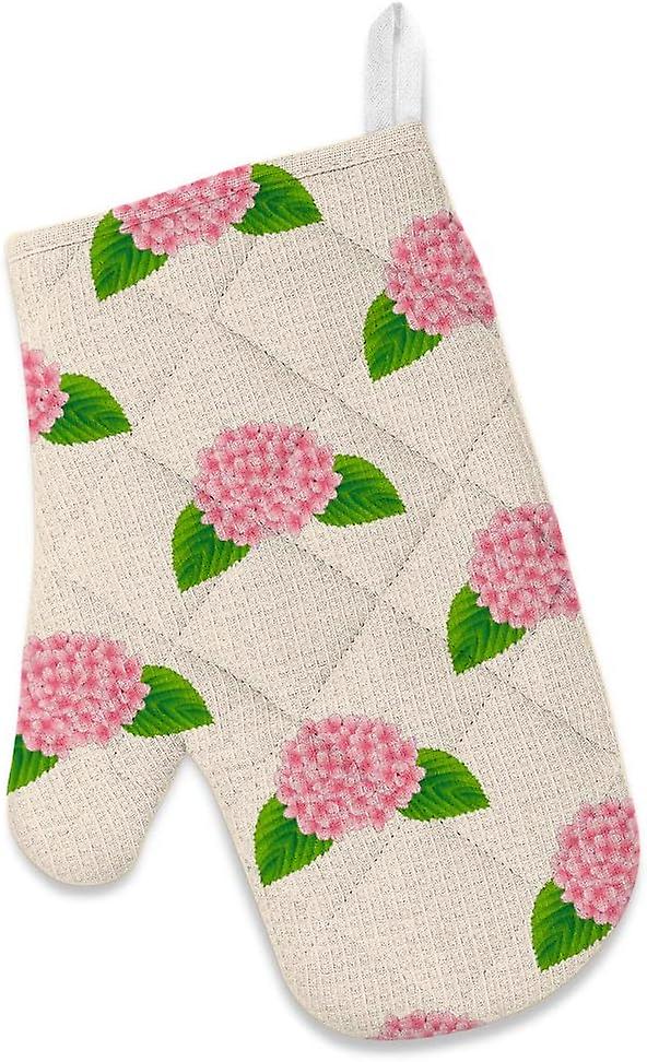 Kitchen Oven Mitts Glove Potholder Apron 3pcs Set Pink Hydrangea Flower Non Slip Heat Resistant Mitts For Baking Cooking Bbq